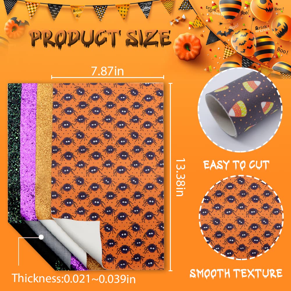 7 Sheets Halloween Faux Leather Sheets for Crafts, 7.9×13.0 Inch Glitter Synthetic Leather Sheet Halloween Spider Faux Leather Fabric Sheets for Earrings Hair Bows DIY Keychain Holiday Decor