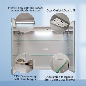 ExBrite LED Lighted Bathroom Medicine Cabinet with Mirror, 36 x 30 Inch, Recessed or Surface led Medicine Cabinet, Clock, Room Temp Display,Defog,Stepless Dimming,3-Color Temper Change, Outlets & USBs