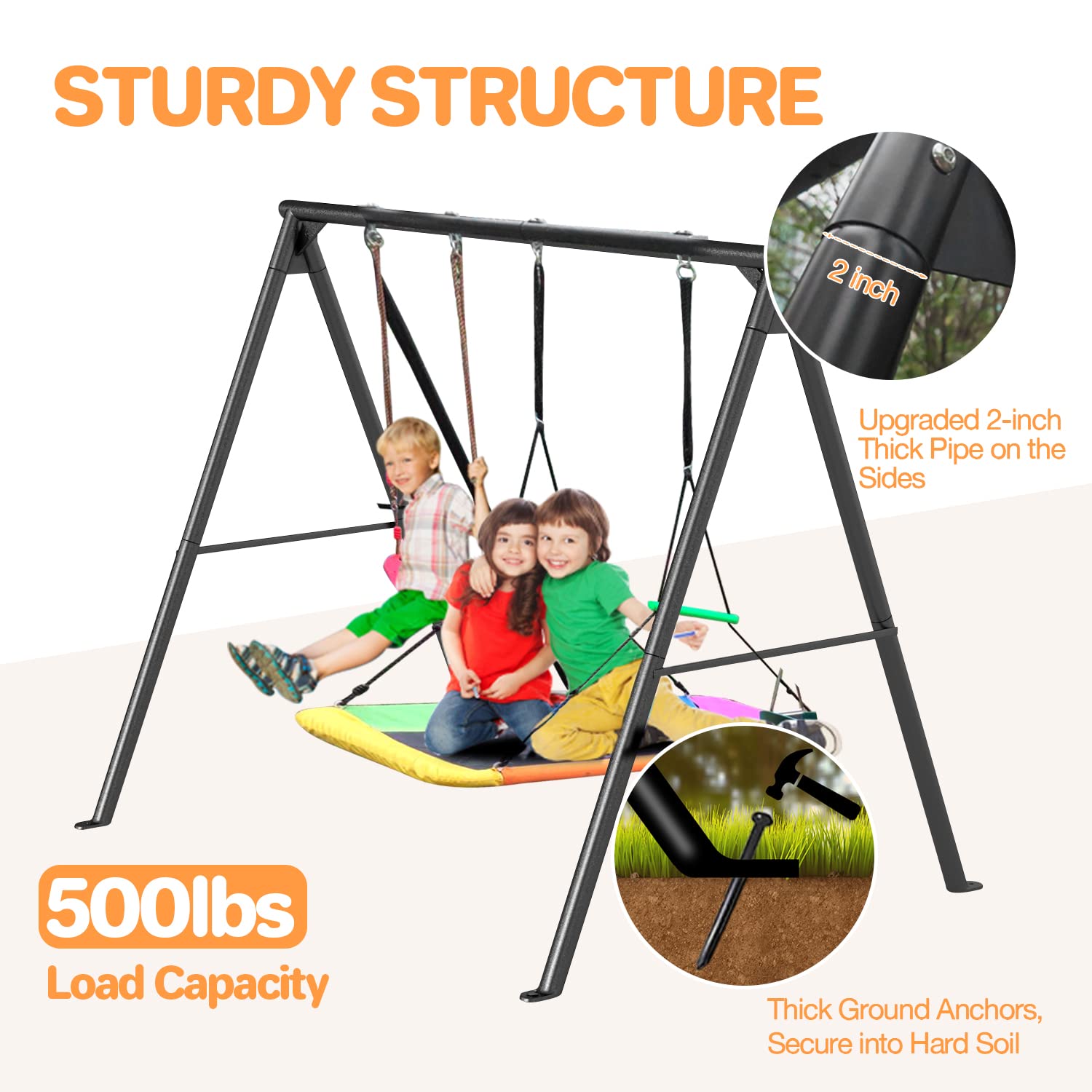 IKARE Upgraded 2 Seats Large Swing Frame Heavy Duty Metal Swing Stand with Ground Nails, for Kids, Adults, Fits for Most Swings, Max Weight 500 LBS, Outdoor Backyard Play Fun