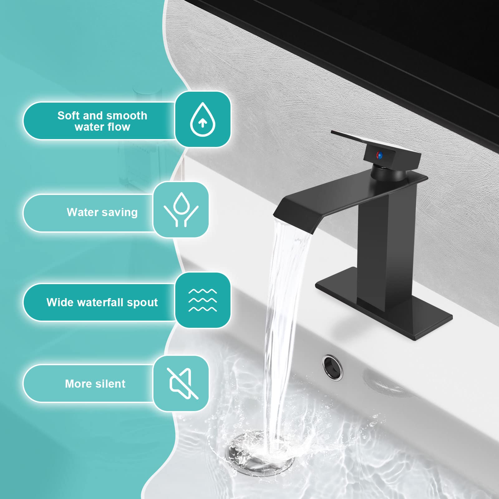 M OUDEMEI Waterfall Spout Bathroom Sink Faucet, 4 Inch Centerset Vanity Sink Faucet, Single Handle Lavatory Faucet, Mixer Tap with Deck Plate for 1 OR 3 Hole Easy Installation (Matte Black)