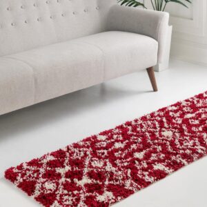 Unique Loom Moroccan Trellis Shag Collection Area Rug - Meknes (2' x 7' 1" Runner, Burgundy Red/ Ivory)