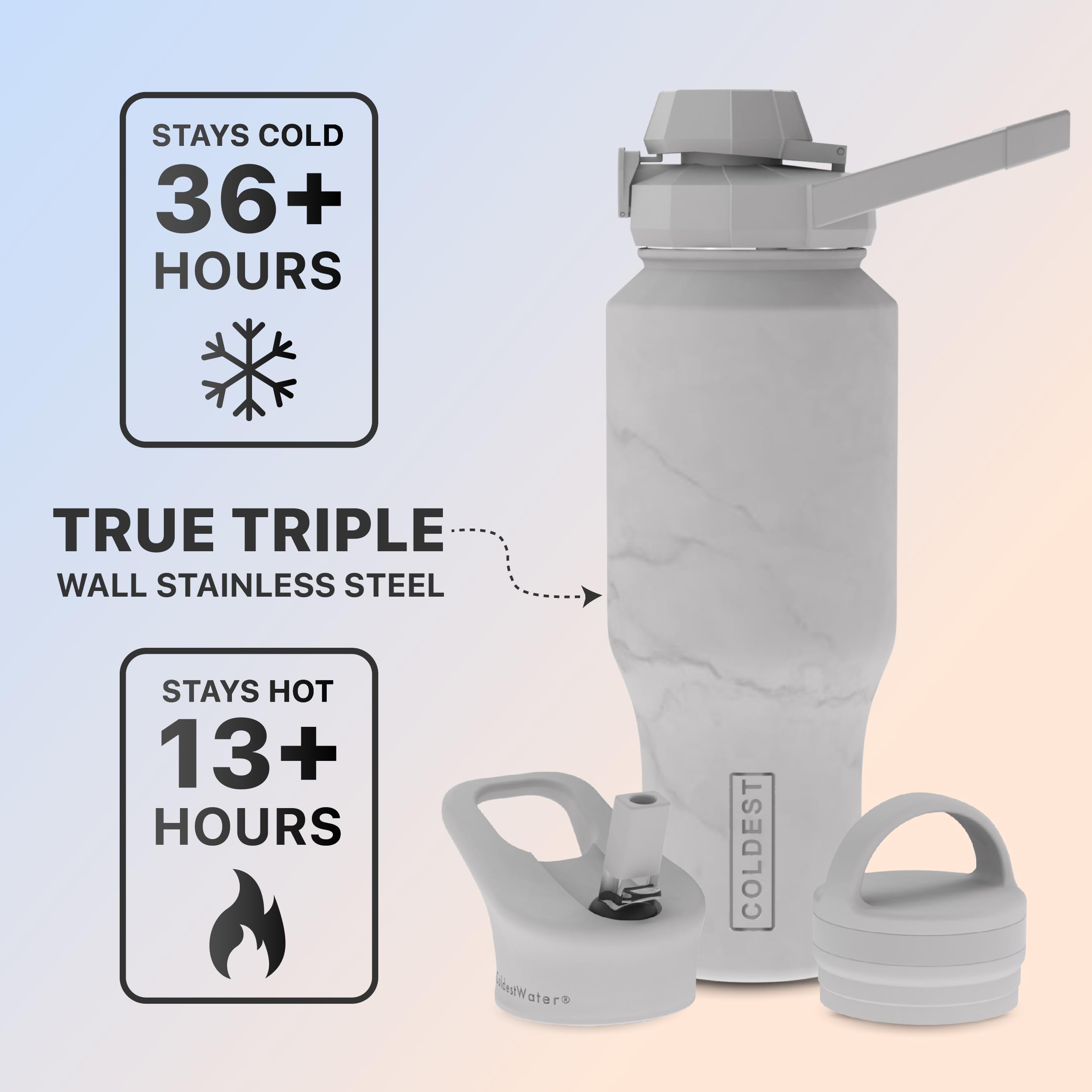 COLDEST Sports Water Bottle - 3 Lids (Chug Lid, Straw Lid, Handle Lid) Tumbler with Handle on Lid Water Bottles Cup Vacuum Insulated Stainless Steel, Fits Cirkul Lid (26 oz, Carrara Marble)