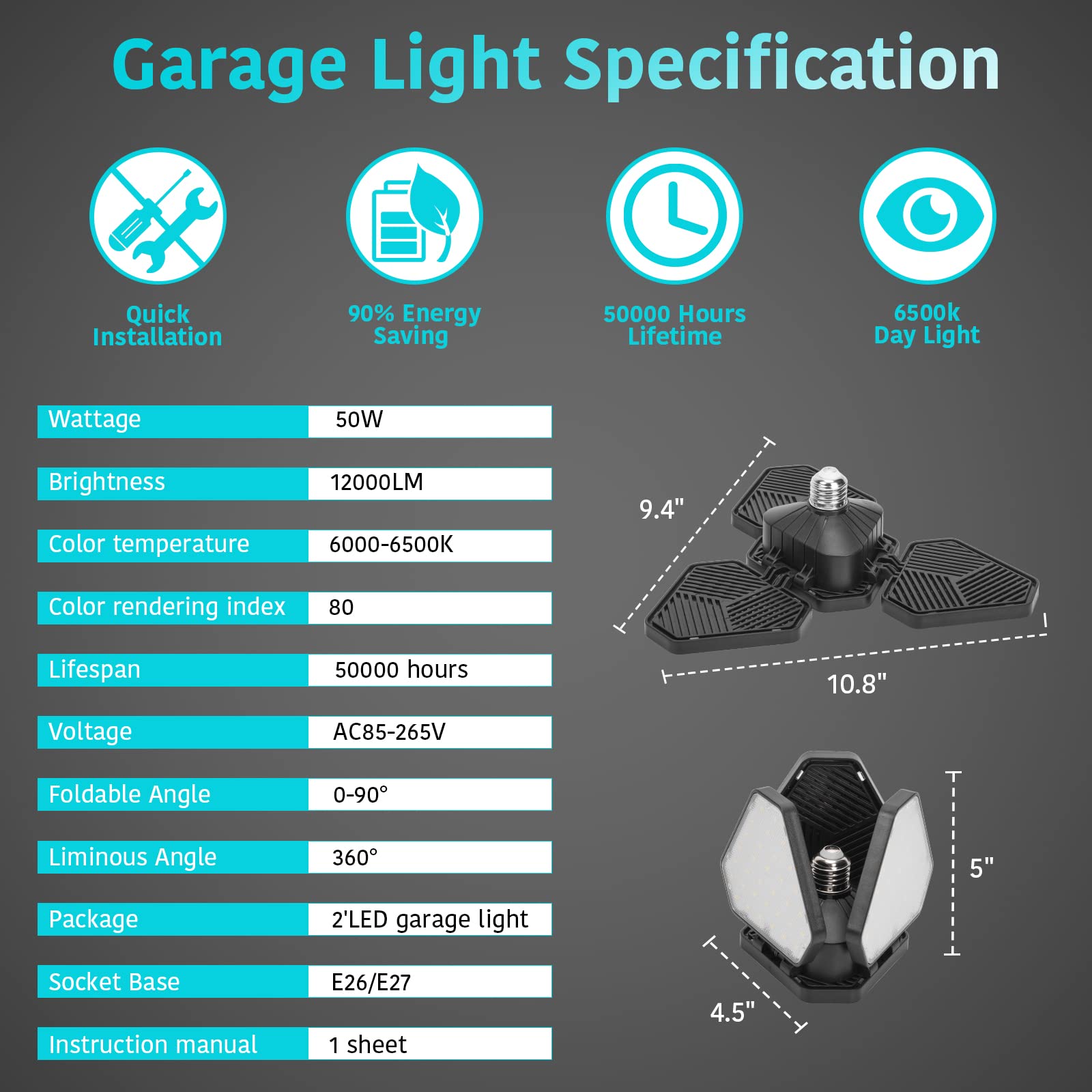 SEEKMORELY 2 Pack LED Garage Light, 120W Ultra Bright Garage Led Light, Illuminator 360 Garage Light, 12000LM LED Deformable 3 Leaf Garage Ceiling Lights for Basement Warehouse Workshop