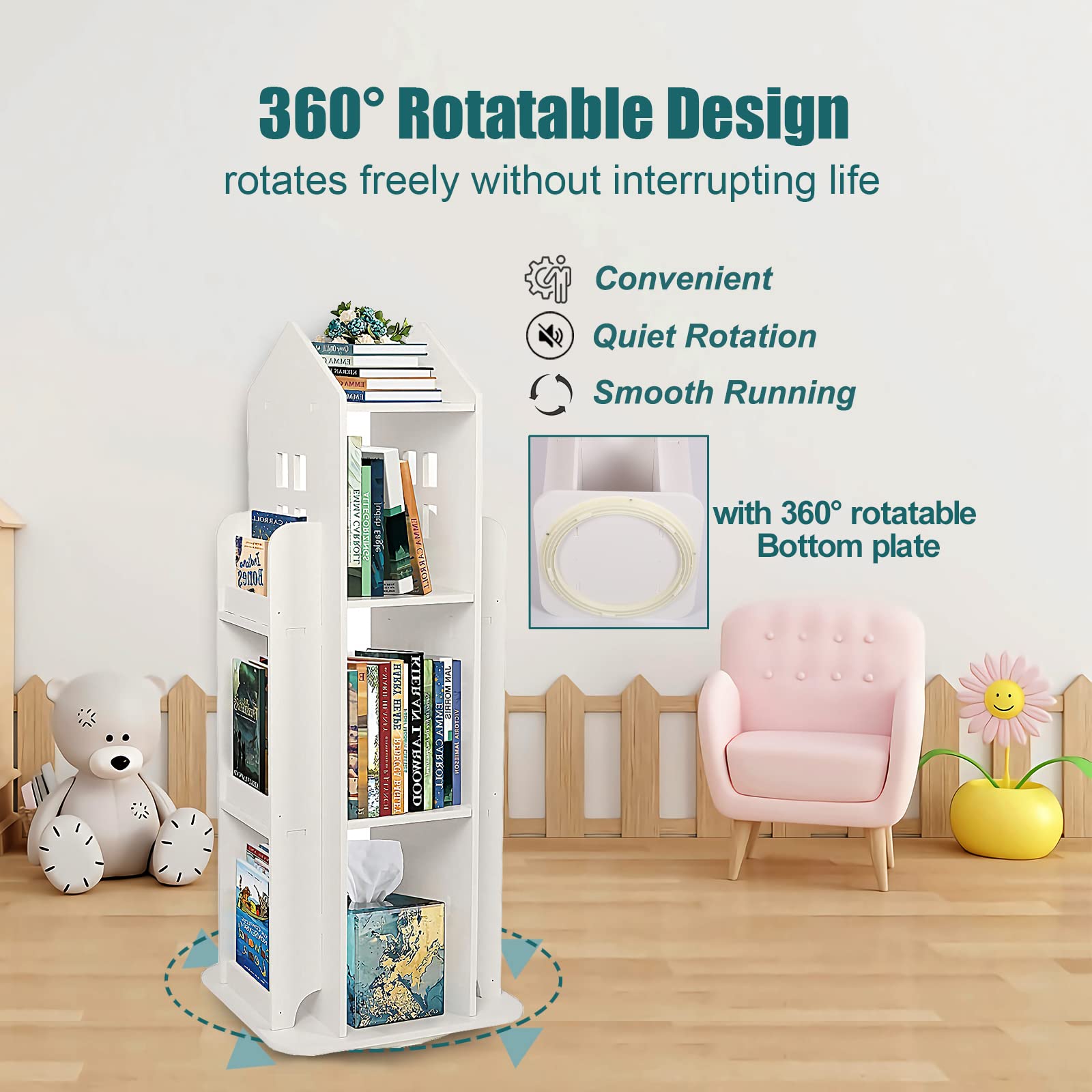 foriy Rotating Bookshelf Kids 3-Tier Rotating Children's Bookshelf Book Shelf Organizer for Kids, 360° Display Floor Standing Bookcase Storage Rack Shelf for Room White,16.14" x 16.14" x 37.4"