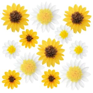 12pcs sunflower daisy tissue paper pom poms flower 12" 8" for yellow brown white themed birthday party sunshine baby shower bridal country wedding party iwlorys