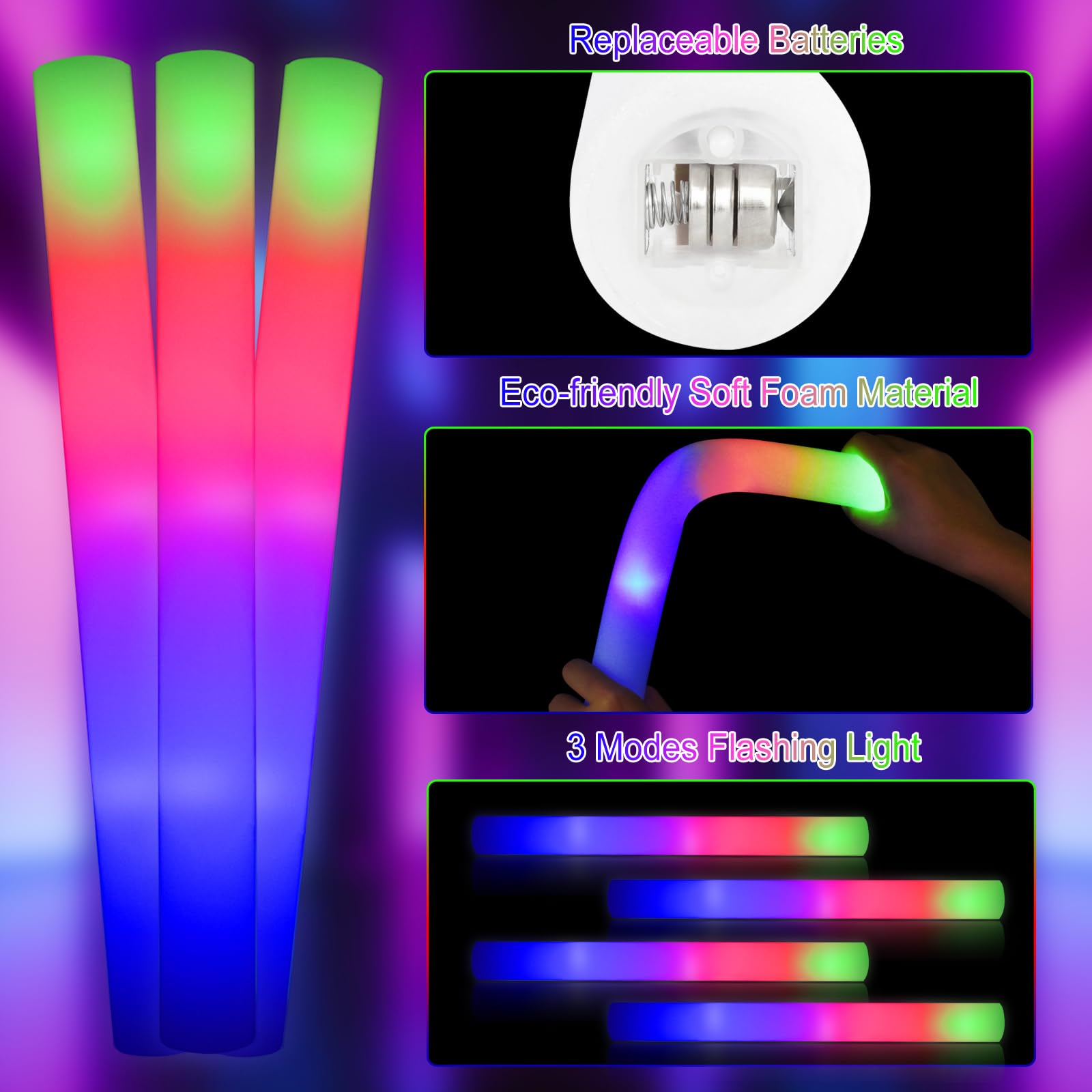 Taotuo Glow Stick Bulk 42 Pcs LED Foam Glow Sticks Party Supplies with 3 Flashing Modes,Christmas Glow Sticks Party Pack, Glow in Dark Party Supplies for Wedding, Raves, Concert,Christmas Labor Day