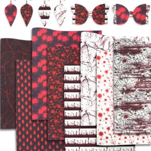 8 Pcs Halloween Faux Leather Sheets, Blood Print Leather Sheet, Bloodstain Fabric Sheets, Spider Web PU Synthetic Leather for DIY Hair Bow Earrings Halloween Craft Making 7.9 x 13 Inch