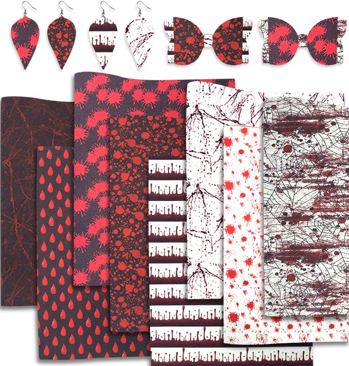 8 Pcs Halloween Faux Leather Sheets, Blood Print Leather Sheet, Bloodstain Fabric Sheets, Spider Web PU Synthetic Leather for DIY Hair Bow Earrings Halloween Craft Making 7.9 x 13 Inch