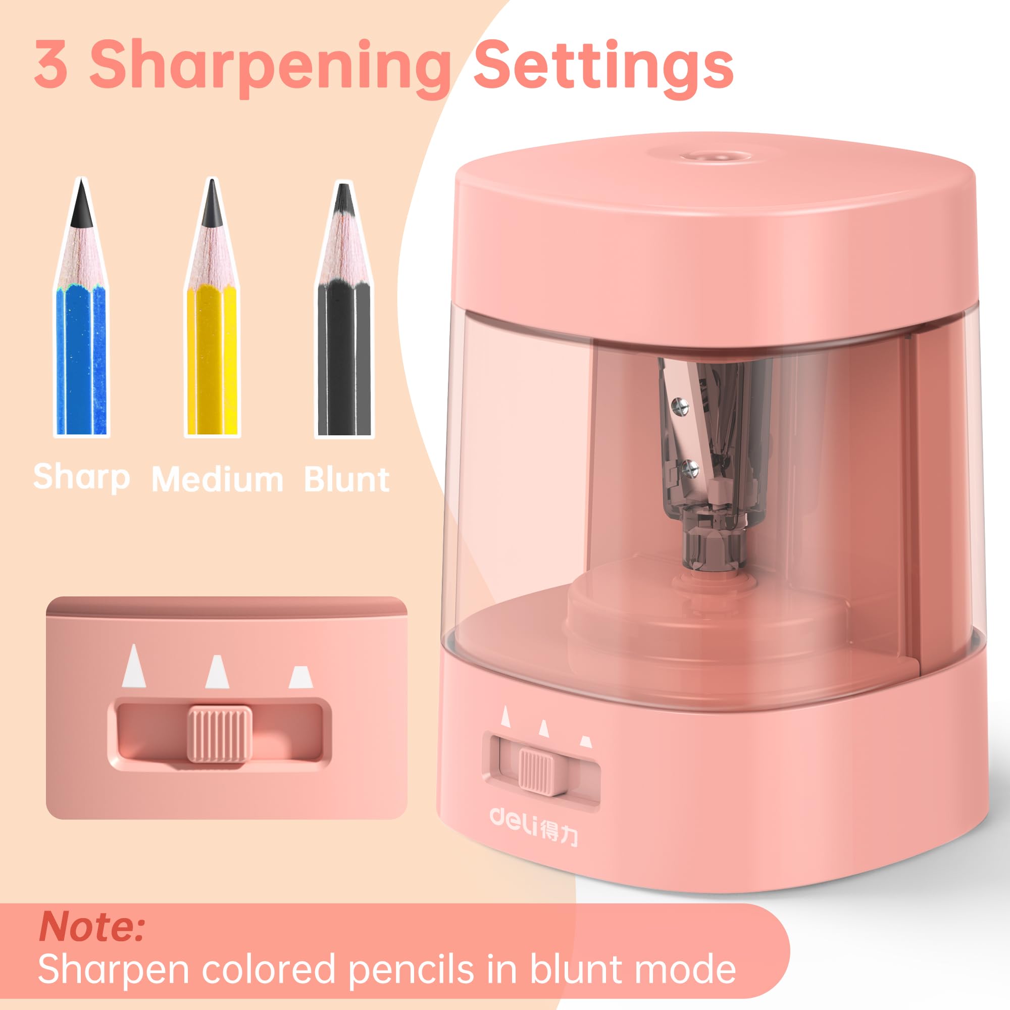 Deli Electric Pencil Sharpener, Automatic Pencil Sharpeners for No.2 Pencils Colored Pencils, USB & Battery Operated Pencil Sharpener for Kids, School, Home, Office, Classroom, Pink