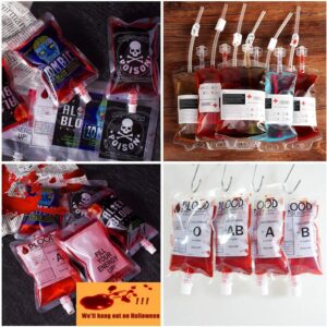 Halloween Blood Bags Party Supplies - 42PCS Blood Bags for Drinks 35 Reusable Blood Drink Pouches +7 Syringes Party Favors, Blood IV Bags for Vampire Zombie Costume Props Halloween Party Decorations