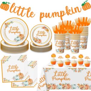 little pumpkin baby shower party decorations set serves 25, little pumpkin baby shower plates and cups, a little pumpkin is on the way baby shower, boy girl little pumpkin 1st birthday party supplies