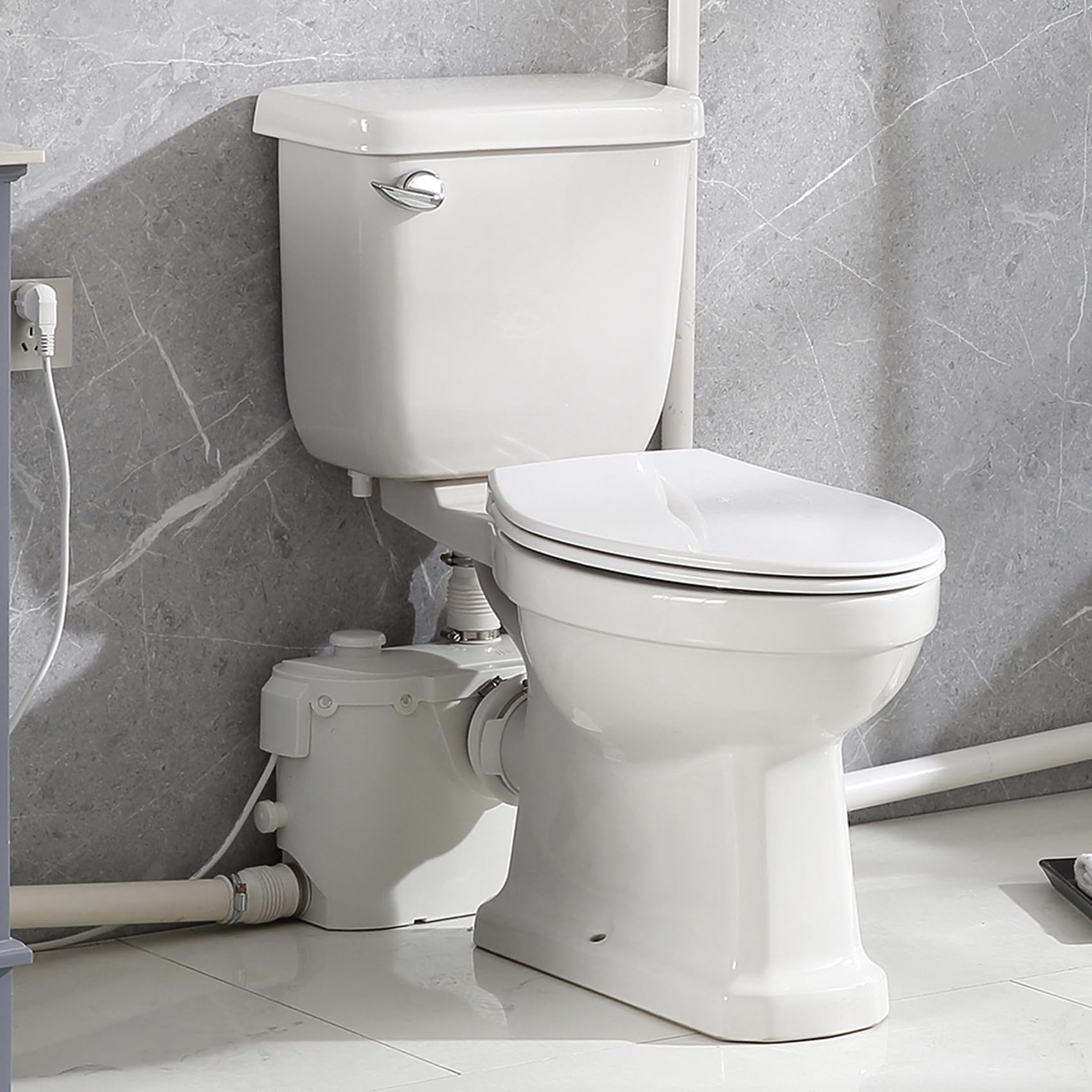 500Watt Upflush Toilet with Bidet Sprayer- Macerating Toilet withToilet Bowl,Toilet Tank and Macerator Pump with 4 Water Inltes for Kitchen Sink, Bathroom, Laundry