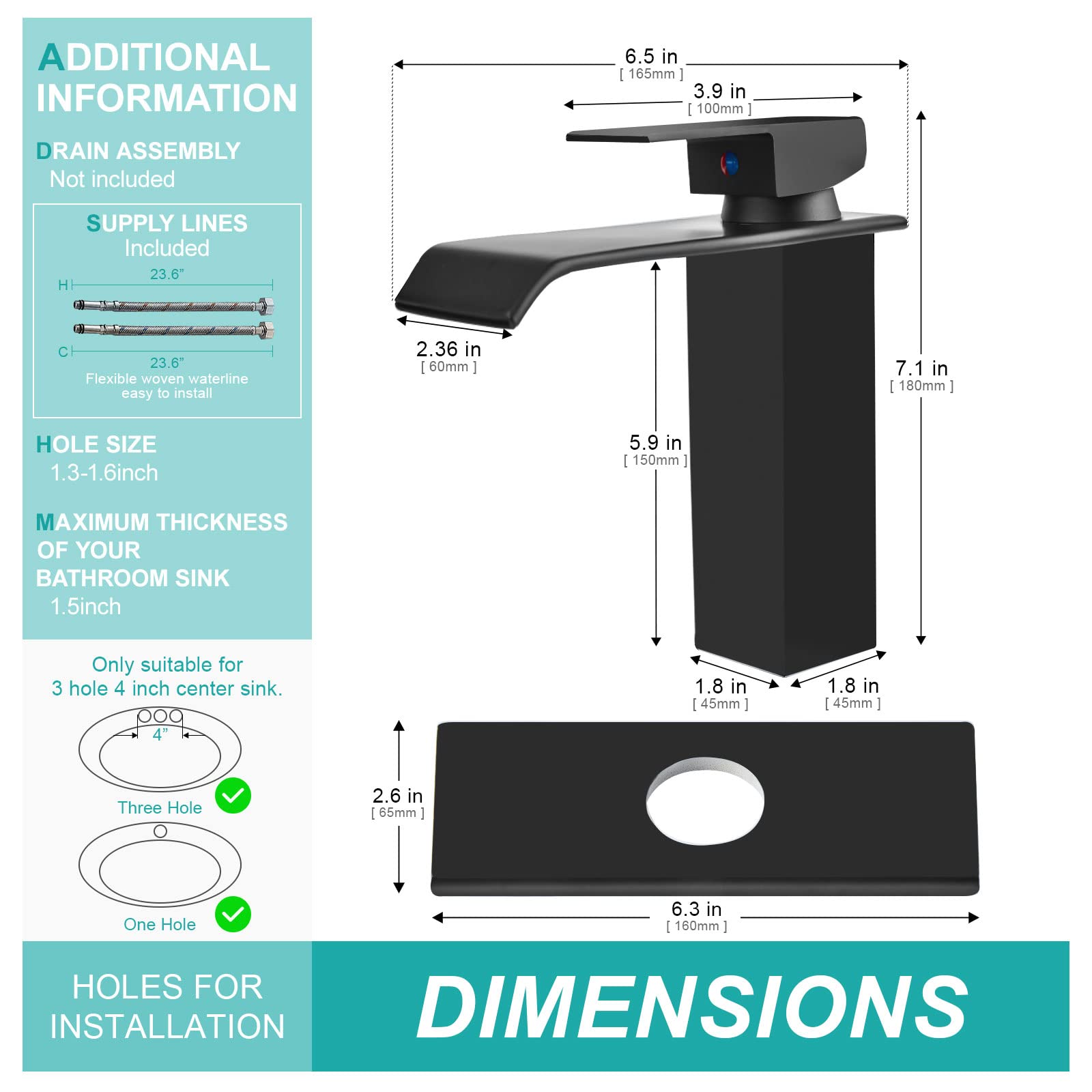 M OUDEMEI Waterfall Spout Bathroom Sink Faucet, 4 Inch Centerset Vanity Sink Faucet, Single Handle Lavatory Faucet, Mixer Tap with Deck Plate for 1 OR 3 Hole Easy Installation (Matte Black)