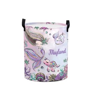 Cute Mermaid with Turtle Girl Personalized Laundry Hamper with Handles Waterproof,Custom Collapsible Laundry Bin,Clothes Toys Storage Baskets for Bedroom,Bathroom Decorative Large Capacity 50L