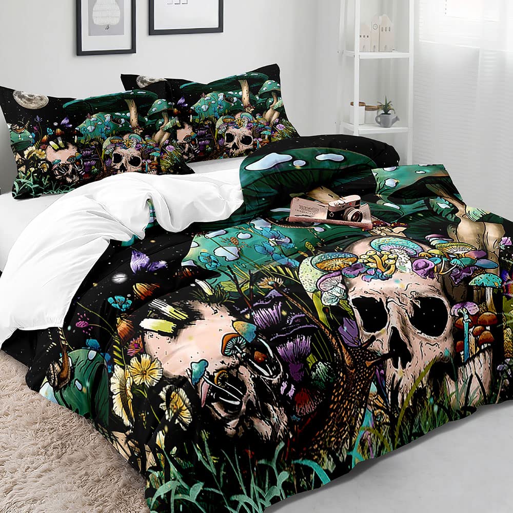 LUVIVIHOME 3PCS Teal Mushroom Bedding, Sugar Skull Duvet Cover King Bedding, Black Galaxy Moon Skeleton Wildflower Botanical Plant Fungus Aesthetic Green Mushroom Comforter Quilt Cover, 2 Pillow Shams