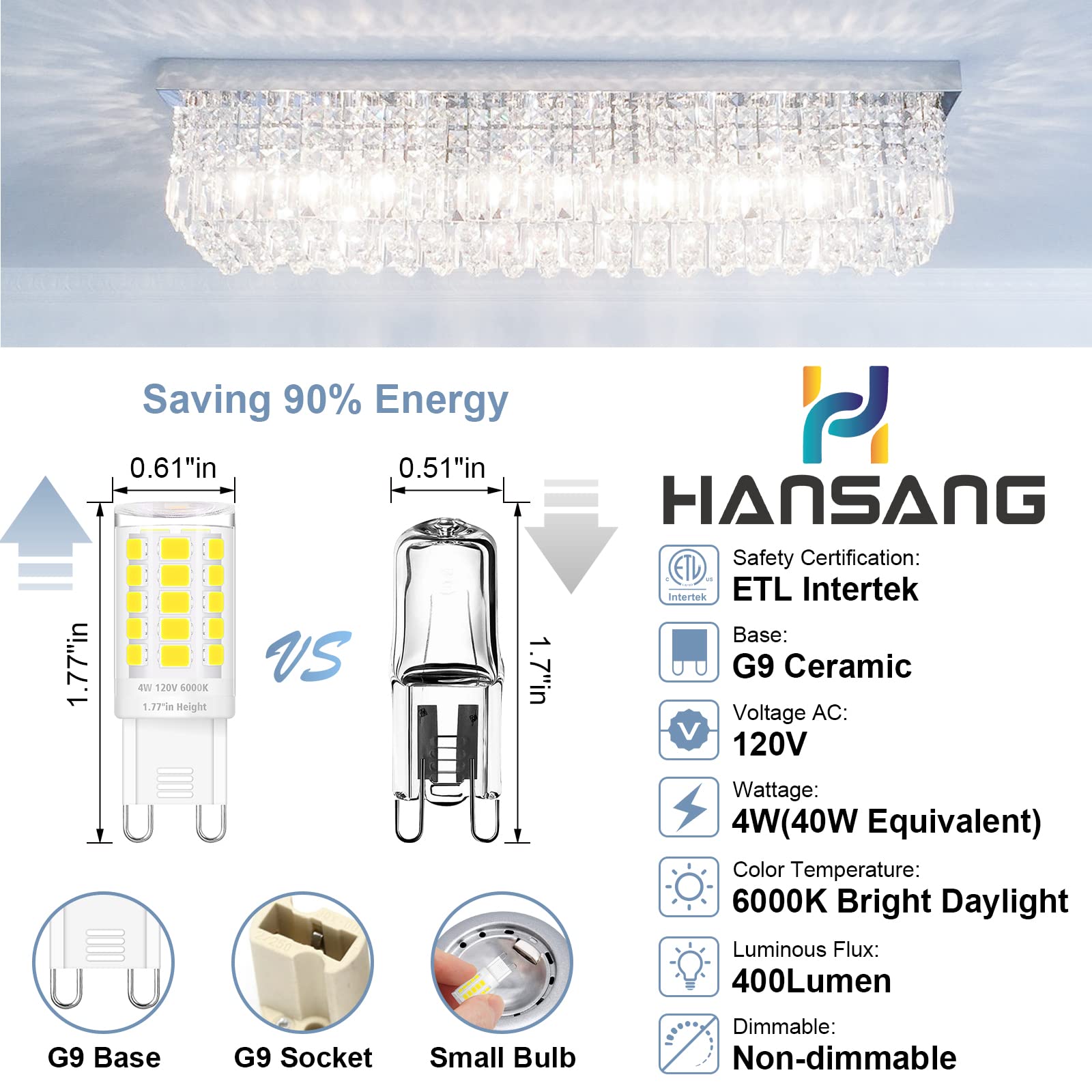 hansang 12 Pack G9 LED Bulb 6000K Cool Daylight for Crystal Chandelier, 4W 40Watt G9 Halogen Equivalent 1.77'' Height Short T4 Light Bulb with G9 Ceramic Bin-pin Base, 400LM, AC 120V, Non-Dimmable