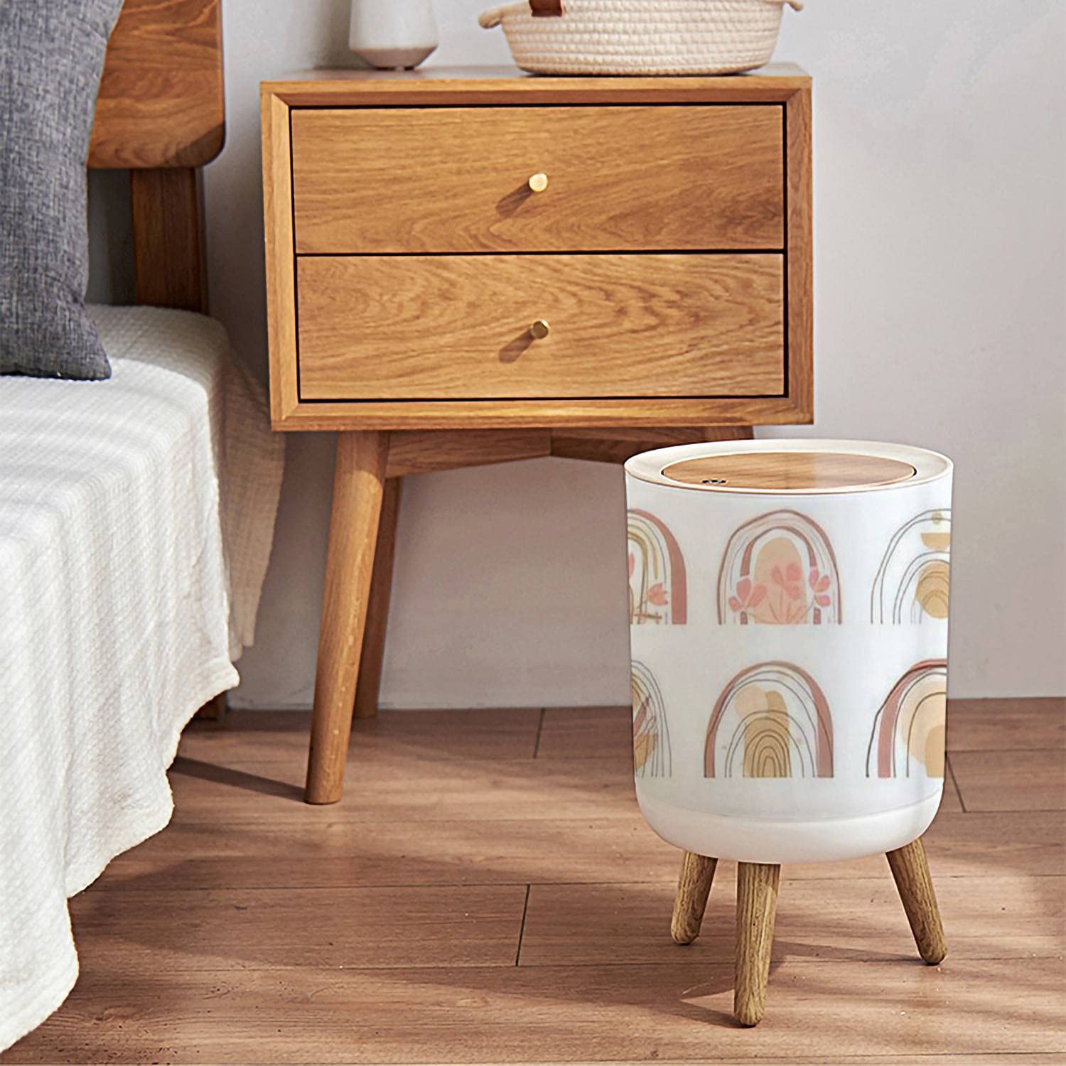 Small Trash Can with Lid Boho Scandinavian Nursery Rainbow abstract flowers sun A minimalist print for Round Recycle Bin Press Top Dog Proof Wastebasket for Kitchen Bathroom Bedroom Office 7L/1.8