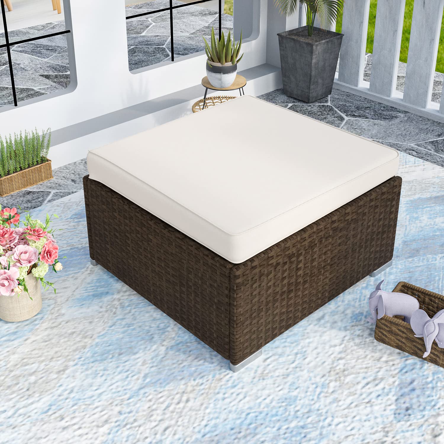 HOMPUS Outdoor Patio Furniture Wicker Ottoman w Beige Cushion for Garden, Pool, Backyard