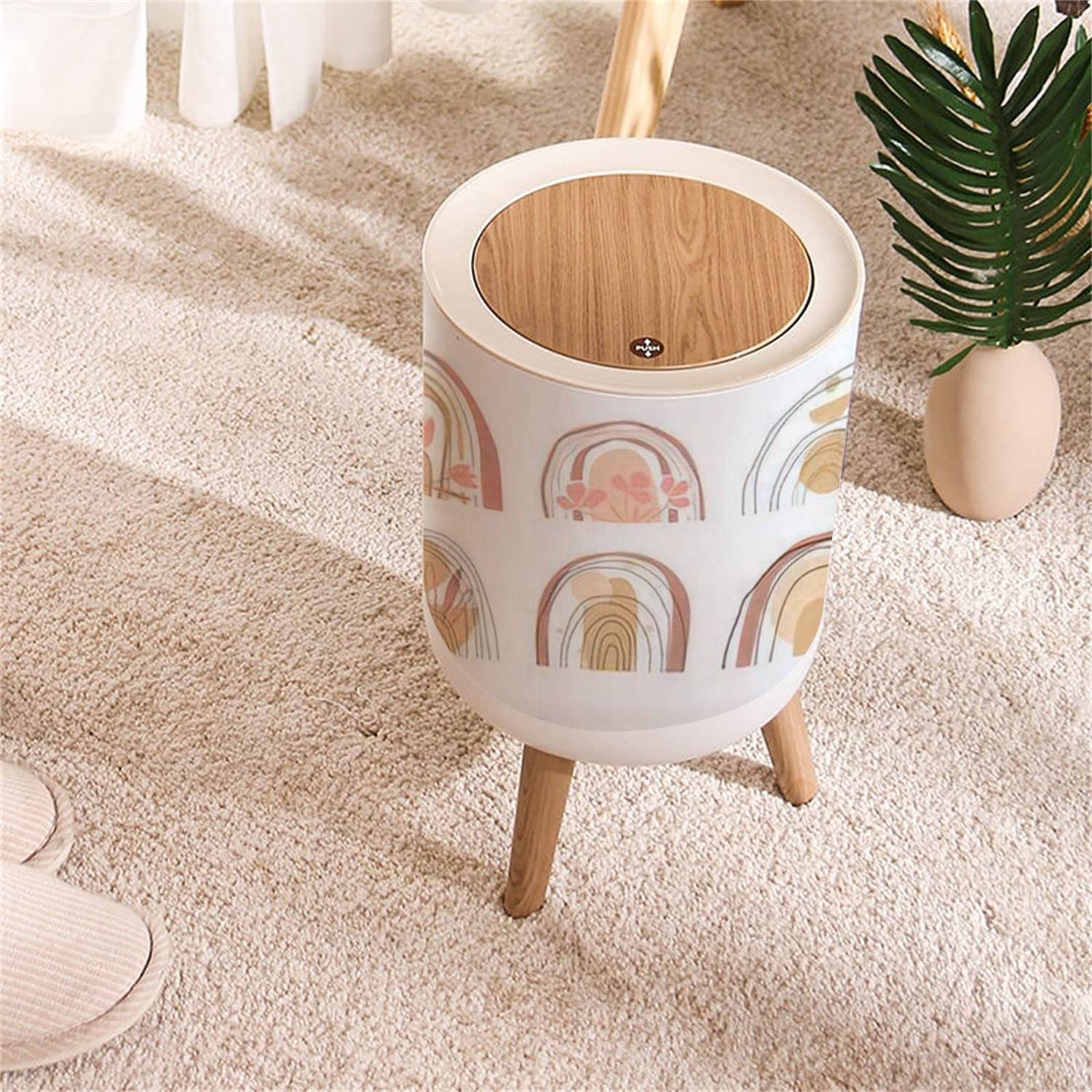 Small Trash Can with Lid Boho Scandinavian Nursery Rainbow abstract flowers sun A minimalist print for Round Recycle Bin Press Top Dog Proof Wastebasket for Kitchen Bathroom Bedroom Office 7L/1.8