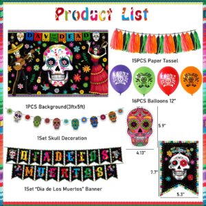 39 Pieces Day of The Dead Decorations, Day of The Dead Balloons Dia de Los Muertos Fiesta Background, Special Sugar Skull Dia De Los Muertos Cutouts Banner for Halloween Mexican Fiesta Supplies