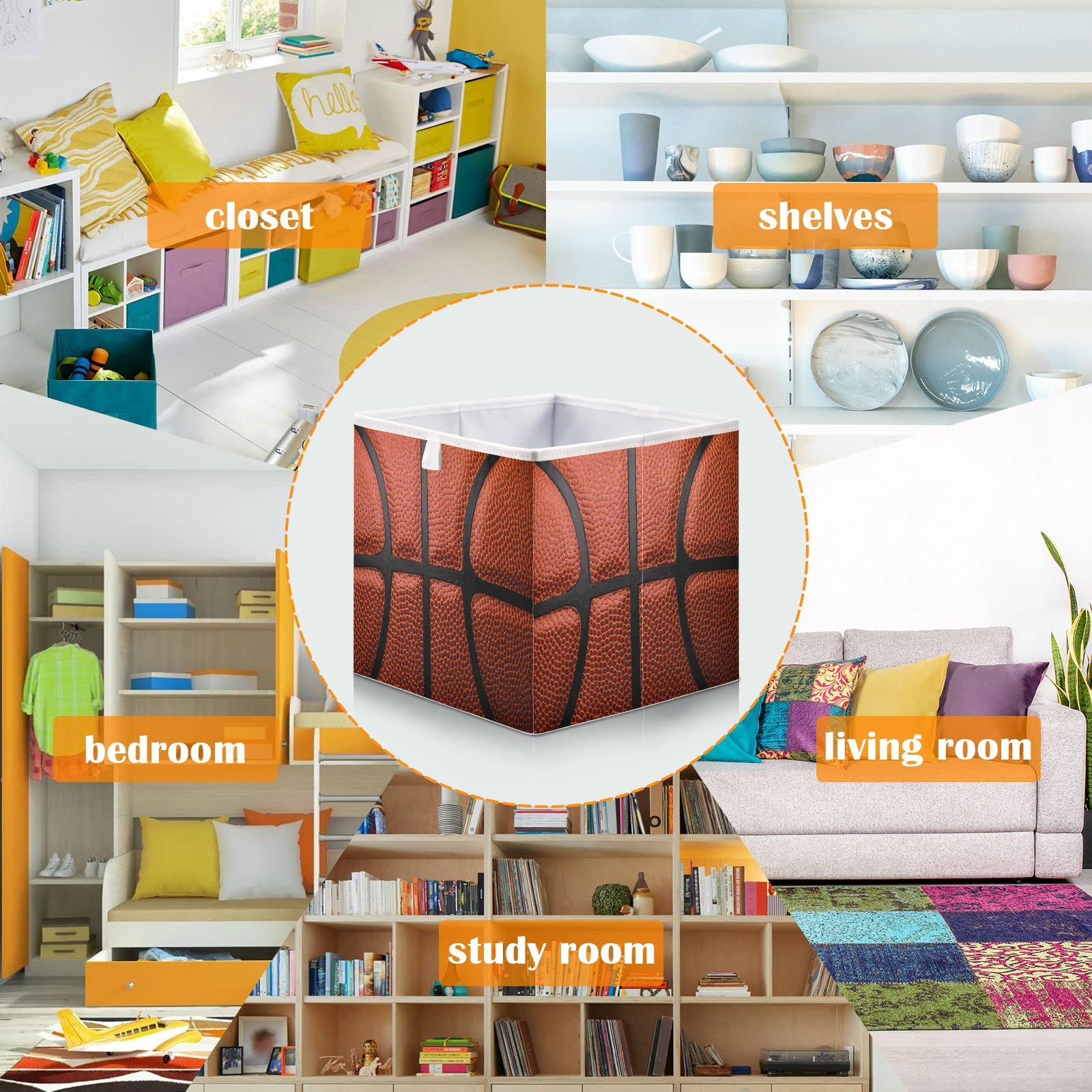 Bolaz Basketball Ball Texture Closet Organizers Storage Cubes Storage Bins Shelf Baskets Containers for Home Kids Room Toys Office