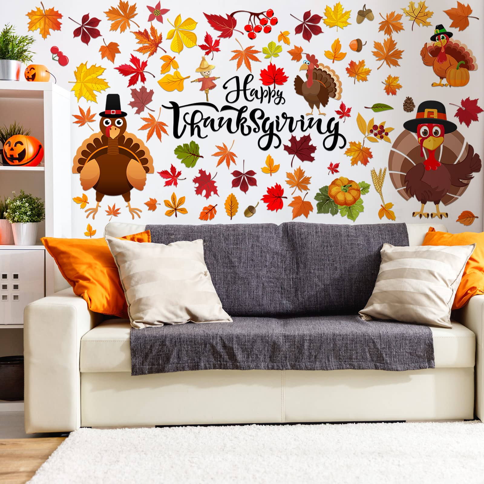 142 Pcs Fall Wall Decals Thanksgiving Wall Stickers Autumn Leaves Decoration Turkey Decals Maple Leaves Wall Decor for Home Window Living Room Bedroom(Autumn Style, 142 Pcs)