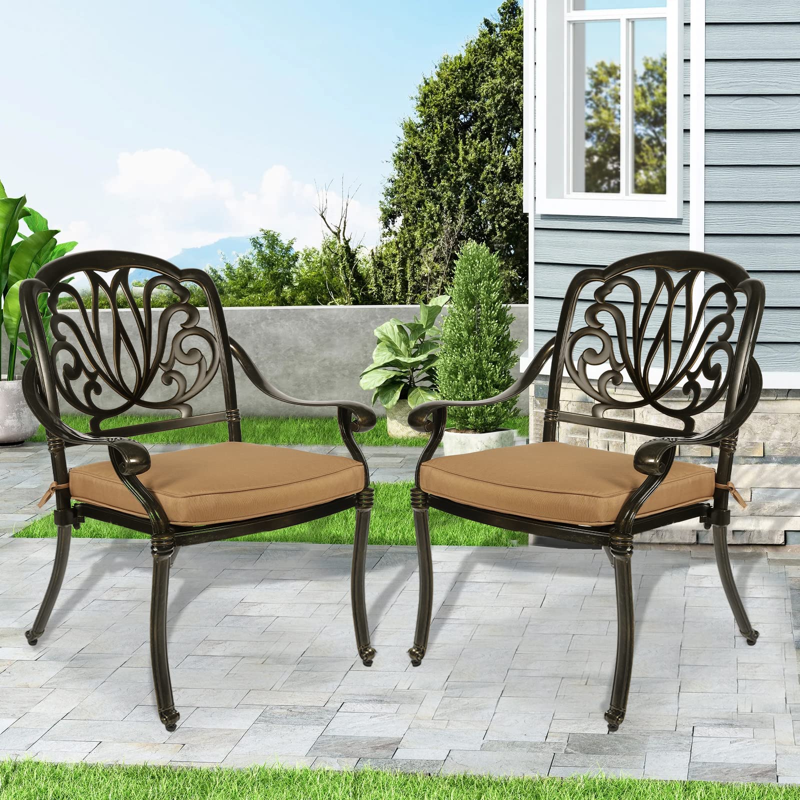 W WARMHOL 2 Piece Outdoor Cast Aluminum Patio Chairs with Cushions, Bistro Dining Chair Set for Patio Furniture Garden Deck Backyard, Floral Design