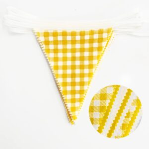 32Ft Yellow Plaid Checkered White Pennant Banner Fabric Gingham Triangle Flag Bunting Garland for Picnic BBQ Bee Sunflower Wedding Birthday Baby Shower Lemon Party Outdoor Garden Hanging Decoration