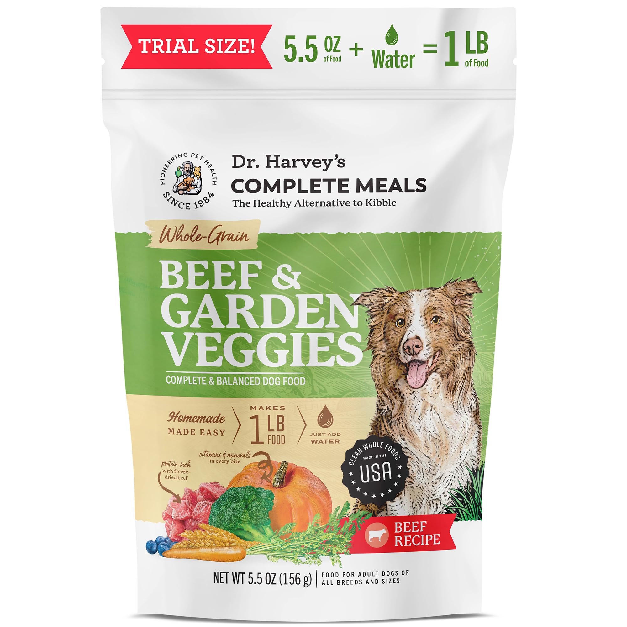 Dr. Harvey's Beef & Garden Veggies Dog Food, Human Grade Whole-Grain Dehydrated Dog Food with Freeze-Dried Beef (5.5 Ounces, Trial Size)