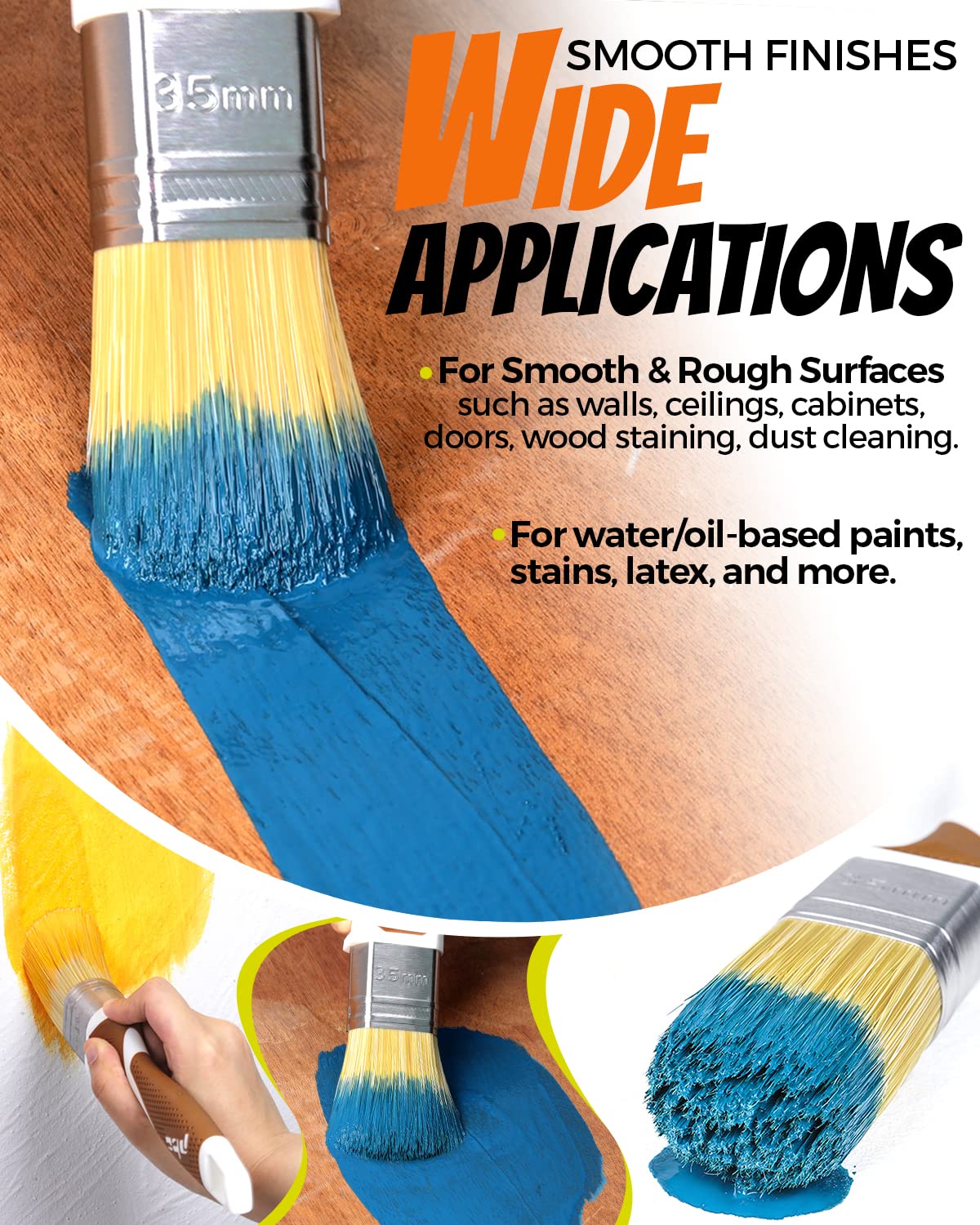 PinStone 3 Pack Professional Paint Brushes Set, 1", 1.5", 2" Synthetic Bristles Paint Brush, Easy-Grip Rubber Handle, Cabinet Paint Brush, Chalk Paint Brush, Paint Brushes for Walls, Smooth Finish