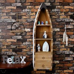 Veclotch Boat Decor with Shelf Drawer Hanging Wood Boat for Wall, Rustic Nautical Standing Boat Bookshelf Decor Beach Theme Display Boat Storage Shelves for Bathroom Bedroom Lake House Decoration