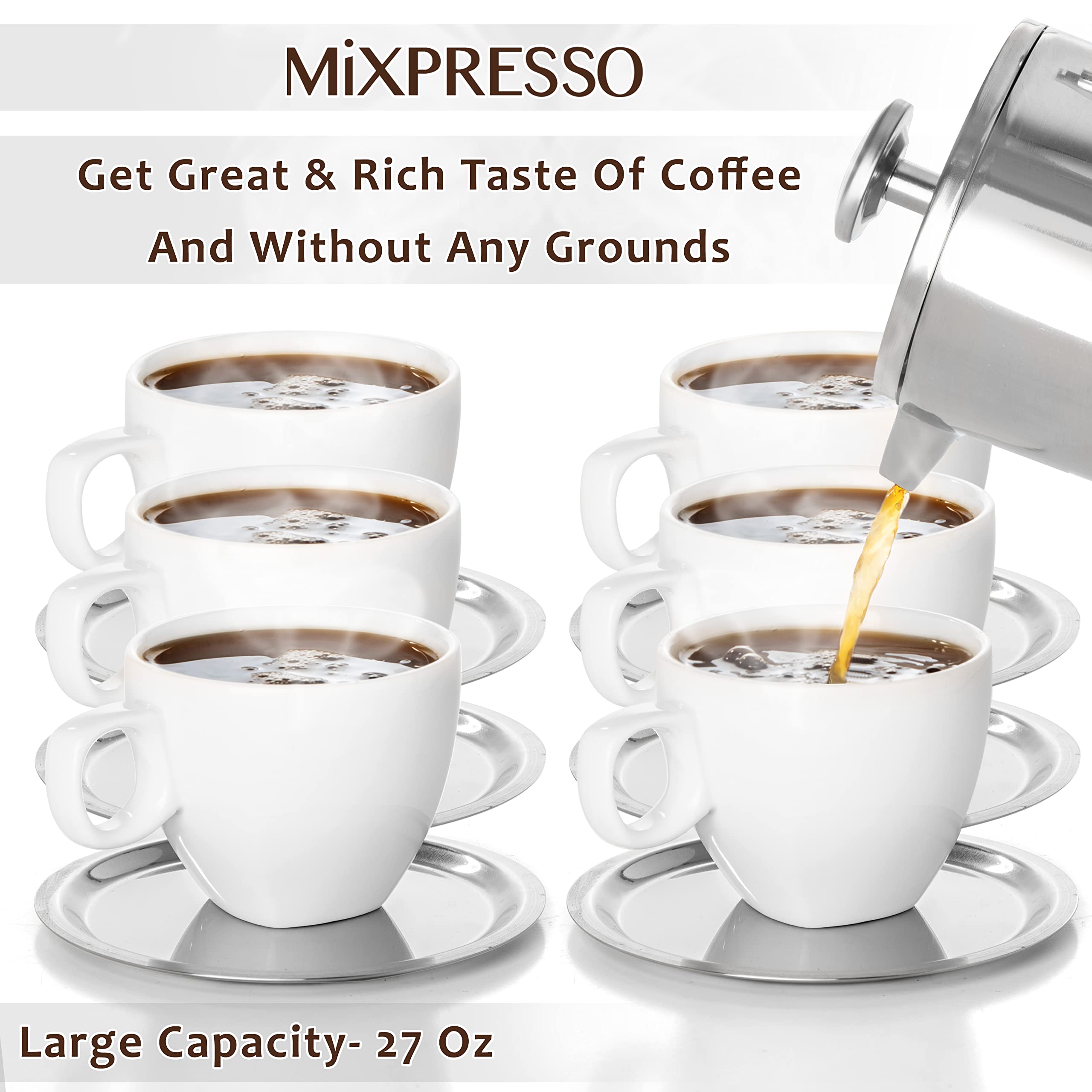 Mixpresso Stainless Steel French Press, 27 Oz, Double Wall Insulated, Mirror Finish, Thermometer Build On