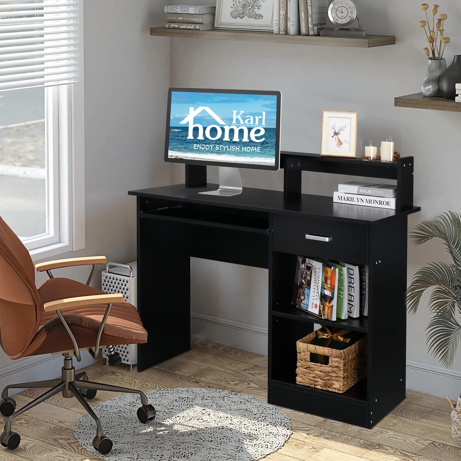 Karl home Computer Desk with Drawers & Storage Cabinet, Small Office Desk PC Laptop Workstation for Home, Studio, Office, Apartment, Coffee