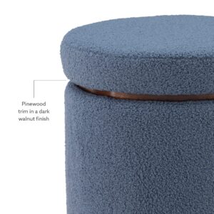 Linon Lexington Blue Sherpa Round Storage Ottoman with Wood Accent