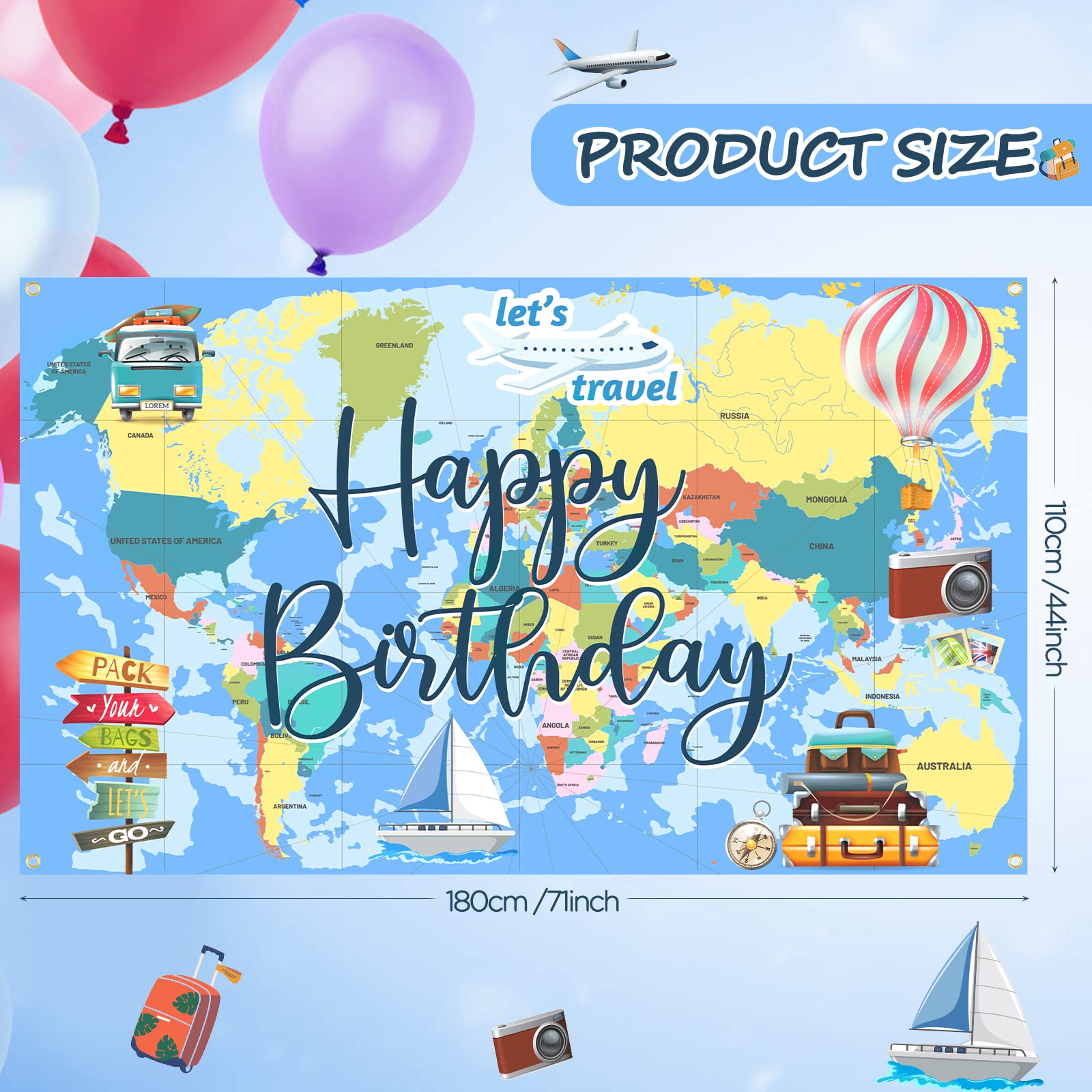 Travel Theme Birthday Party Banner Decorations Adventure Awaits Birthday Banner Let The Adventure Begin World Map Photobooth for Birthday Graduation Baby Shower Party Supplies 71 x 44 Inch