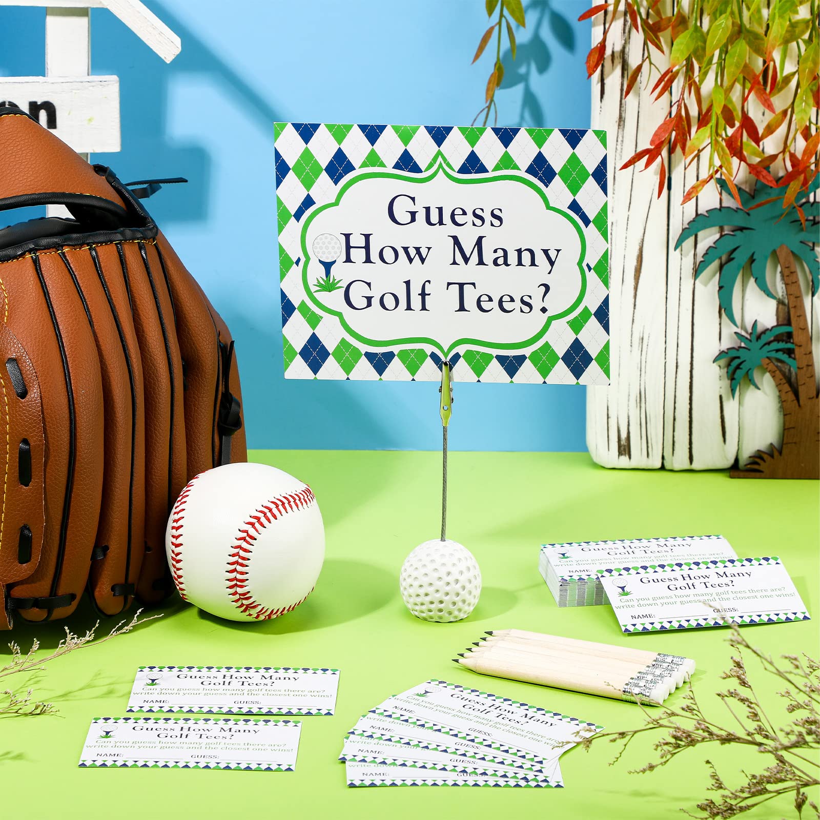 101 Pcs Guess How Many Golf Tees Cards 1 Resin Golf Ball Base Memo Clip Holder 10 Pencils Funny Games for Golf Theme Party Supply Bridal Shower Birthday Baby Shower