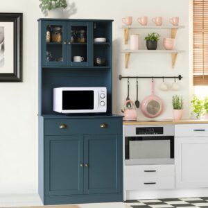 MUPATER 72'' Kitchen Pantry Cabinet Storage Hutch with Microwave Stand, Freestanding Pantry Buffet Cabinet with Adjustable Shelves, Cupboard and Drawer for Home, Blue