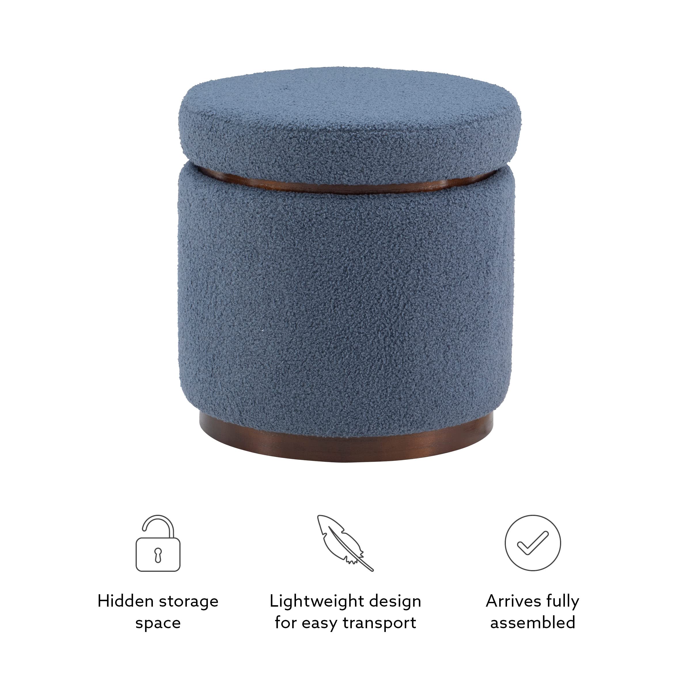 Linon Lexington Blue Sherpa Round Storage Ottoman with Wood Accent