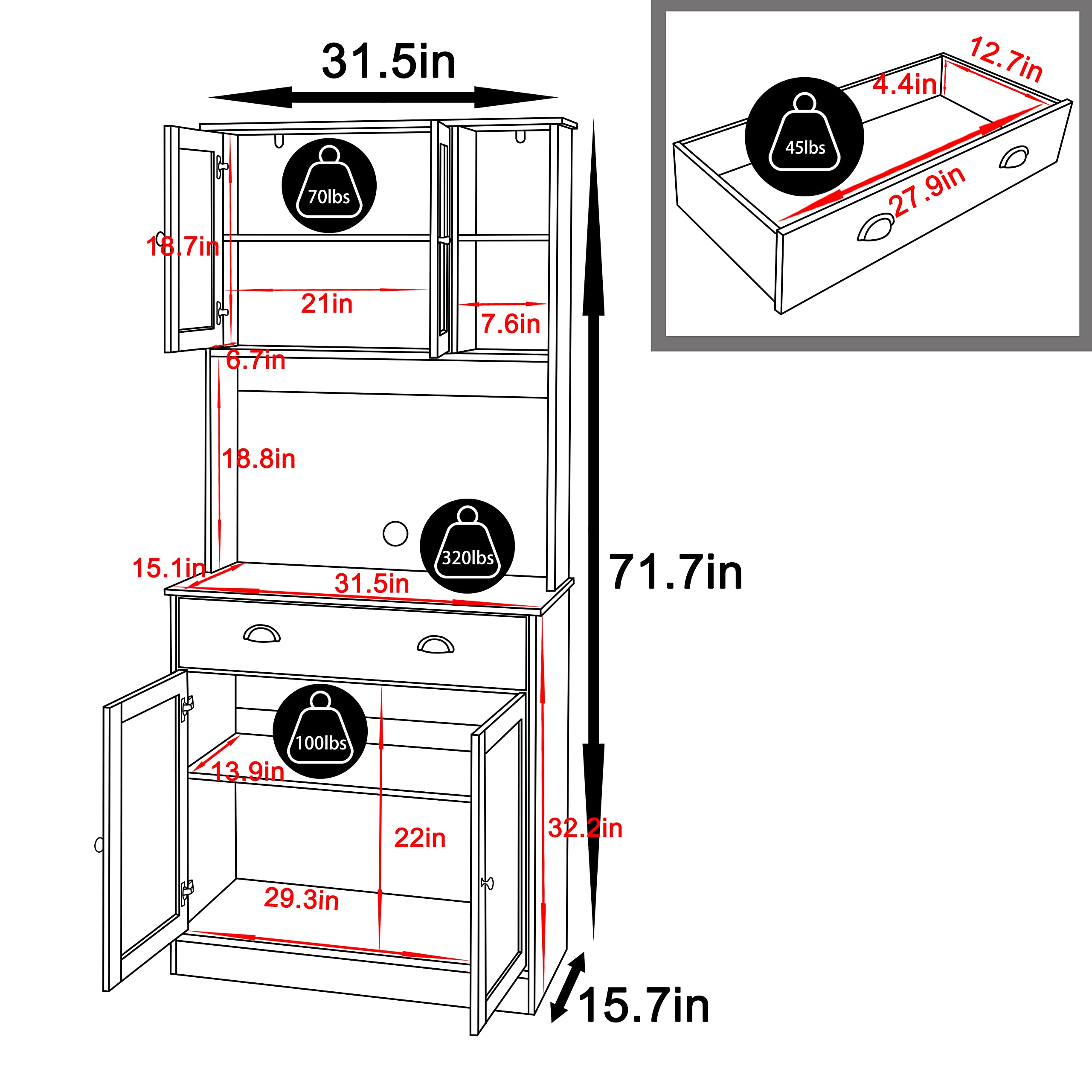 MUPATER 72'' Kitchen Pantry Cabinet Storage Hutch with Microwave Stand, Freestanding Pantry Buffet Cabinet with Adjustable Shelves, Cupboard and Drawer for Home, Blue