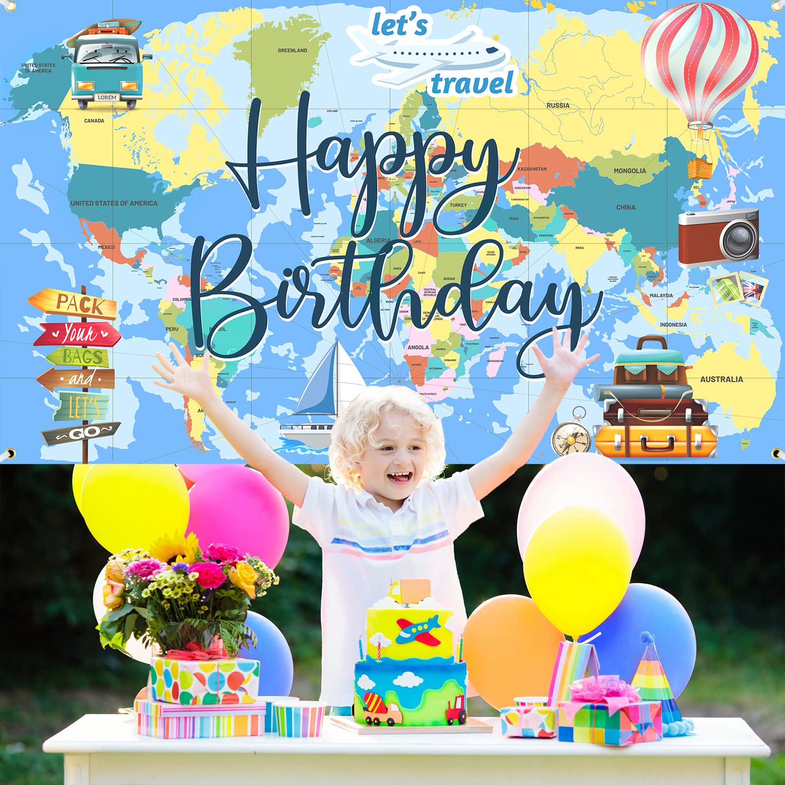 Travel Theme Birthday Party Banner Decorations Adventure Awaits Birthday Banner Let The Adventure Begin World Map Photobooth for Birthday Graduation Baby Shower Party Supplies 71 x 44 Inch