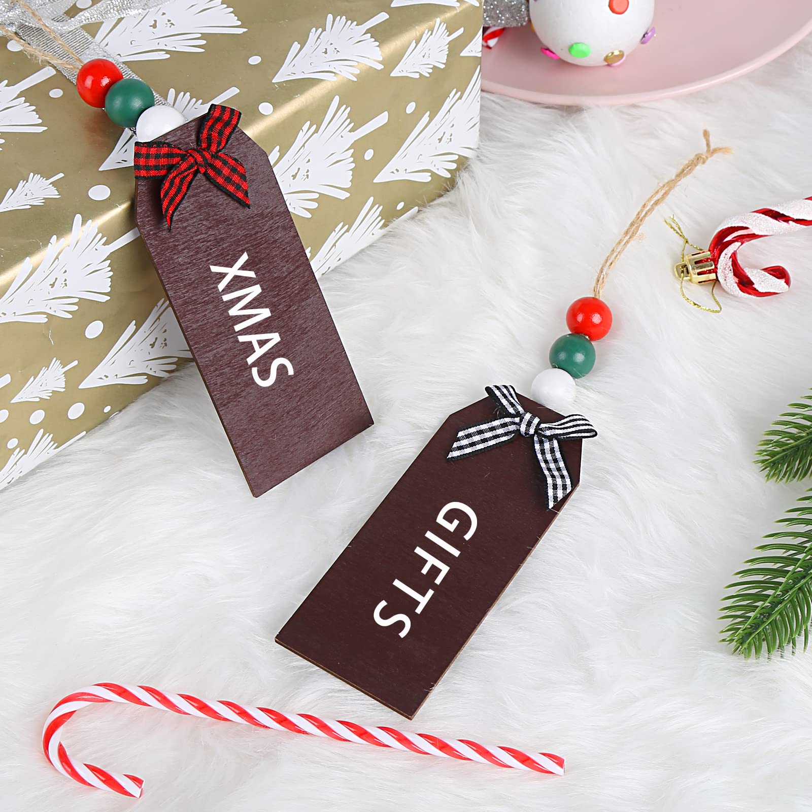 DIYASY Christmas Stocking Name Tags, 12 Pack Personalized Wooden Haning Tags Farmhouse Stocking Sign Unfinished Blank Chalkboard Tags with Wood Beads, Bows, Hemp Rope & Needle