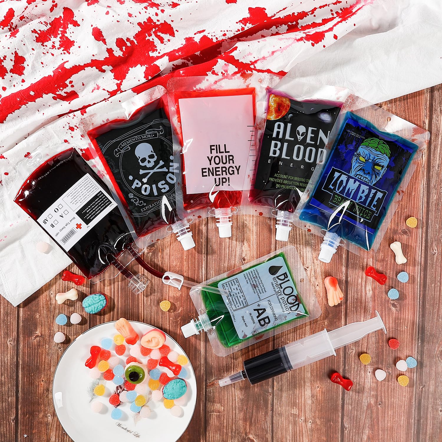 Halloween Blood Bags Party Supplies - 42PCS Blood Bags for Drinks 35 Reusable Blood Drink Pouches +7 Syringes Party Favors, Blood IV Bags for Vampire Zombie Costume Props Halloween Party Decorations