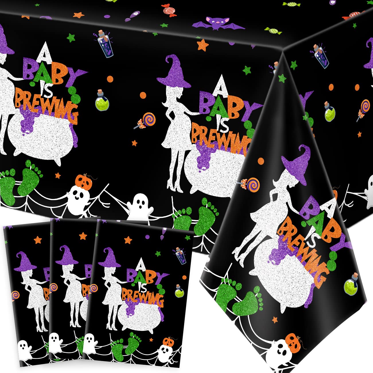 3 Pack Halloween Baby Shower Tablecloths, 71 x 43 Inches Halloween Baby Shower Plastic Table Cover A Baby is Brewing Baby Shower Party Decorations Supplies for Halloween Gender Reveal Table Decor