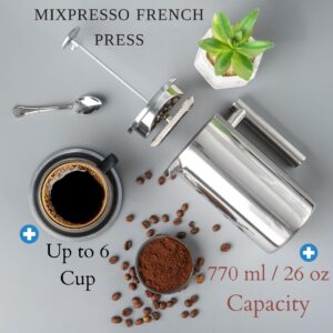 Mixpresso Stainless Steel French Press, 27 Oz, Double Wall Insulated, Mirror Finish, Thermometer Build On