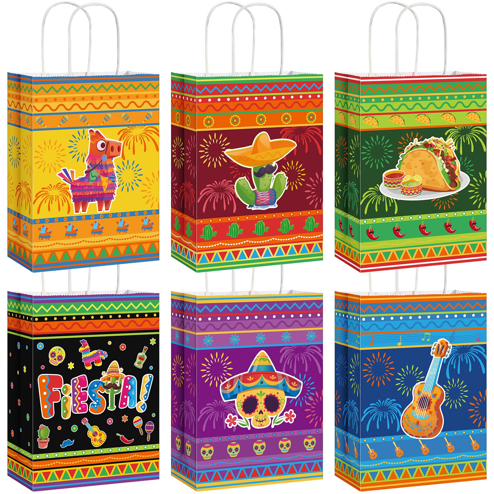 Pajean 18 Packs Fiesta Party Favor Bags with Handles, Cinco De Mayo Candy Bags Mexican Themed Paper Gifts Bags for Birthday Baby Shower Bridal Mexico Party Favor Supplies