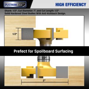 PLATINUMEDGE CNC Spoilboard Surfacing Router Bit, Slab Flattening Route Bit, 1/2 inch Shank 2 inch Cutting Diameter, 3 Carbide Cutting Wings, Router Bit for Planing Wood