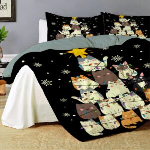 Anomadassi Funny Cat Christmas Tree Comforter Bedding Set 3 Piece Set, Microfiber Duvet Cover 3 Pieces for Any Bed Room or Guest Room, Full Multiple Size 68"x87" Twin