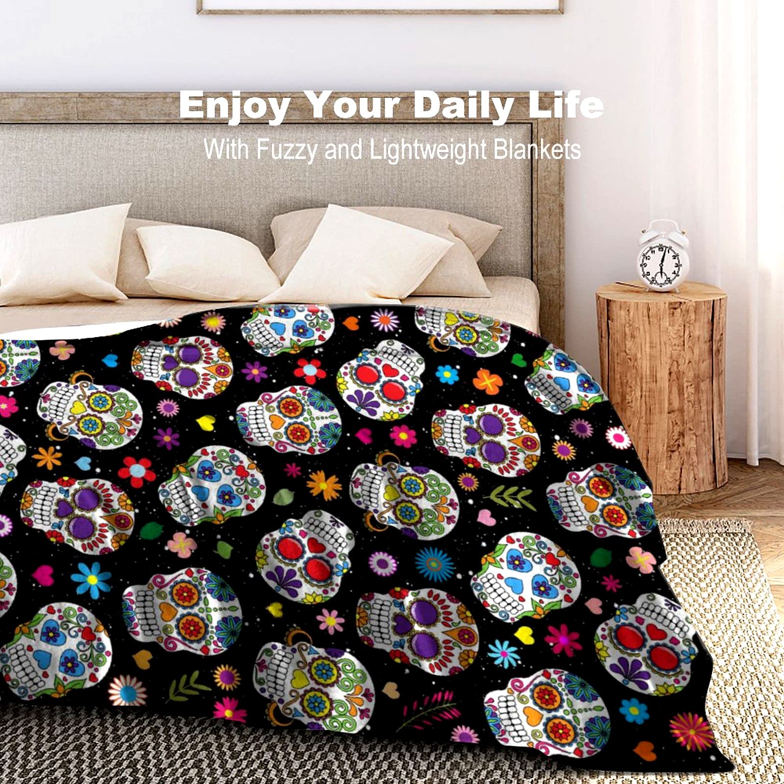 Sugar Skull Blanket Ultra Soft Warm Cozy Flannel Throw Blankets for Women Baby Men Bedding Gifts 60"X50"