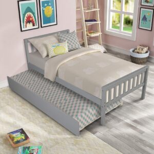 homsof twin platform bed frame with headboard and footboard,for bedroom small living space, grey+trundle