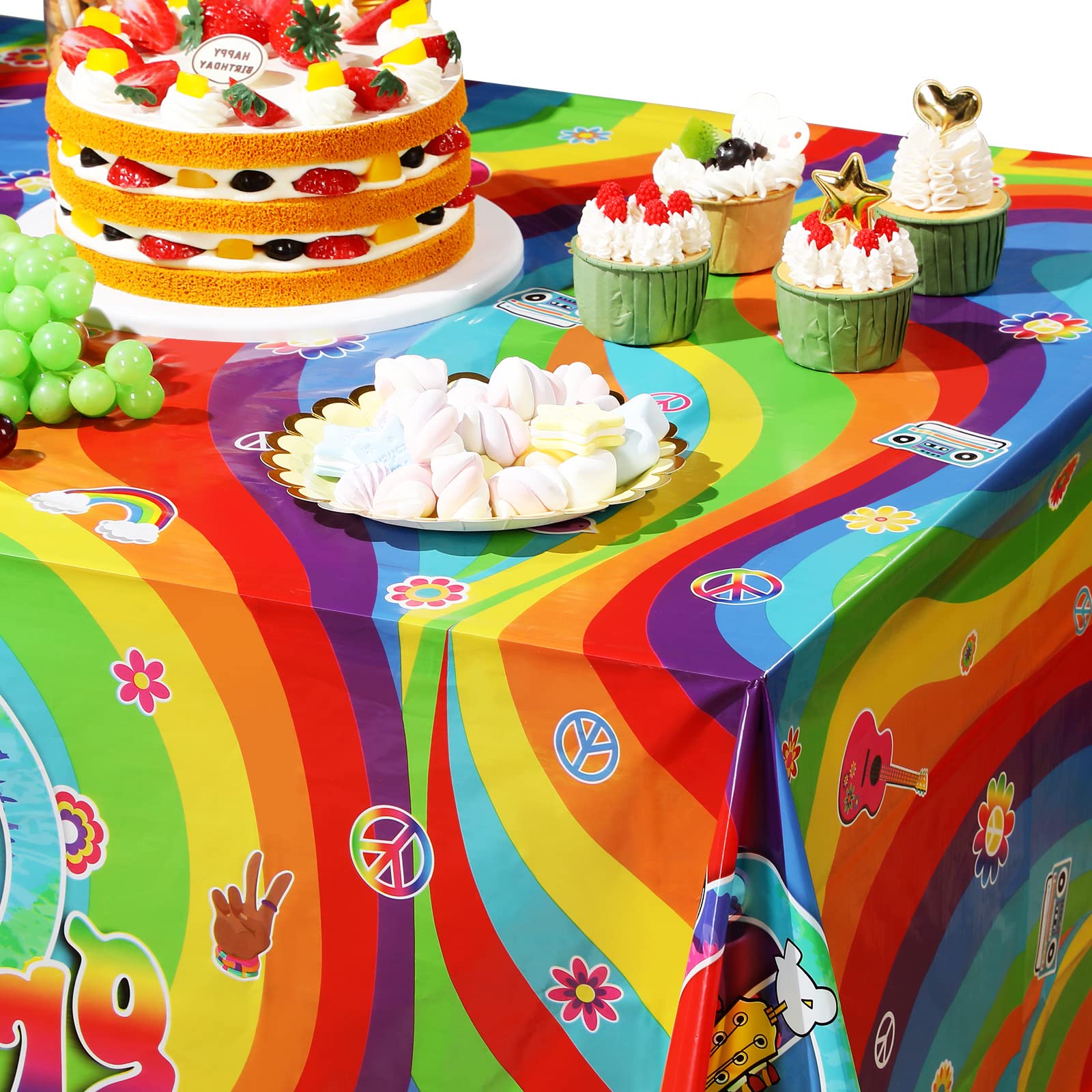 3 Pieces Plastic Groovy Tablecloths Retro Hippie Table Covers for Rectangle Table, Disposable Rainbow Party Decorations for 60s 70s Boho Themed Birthday Baby Shower Carnival Party (Tie Dye Style)